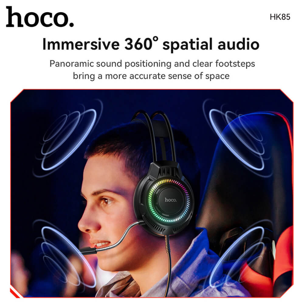 หูฟังเกมมิ่ง HOCO HK85 ดอกลำโพง 40MM ไมโครโฟน HD ถอดออกได้ แต่งไฟ RGB สายแจ็ค USB ยาว 2 เมตร
